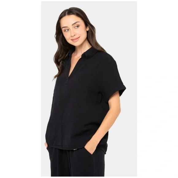 Peace Love World Gauze Popover Shirt Black Large - Picture 2 of 9